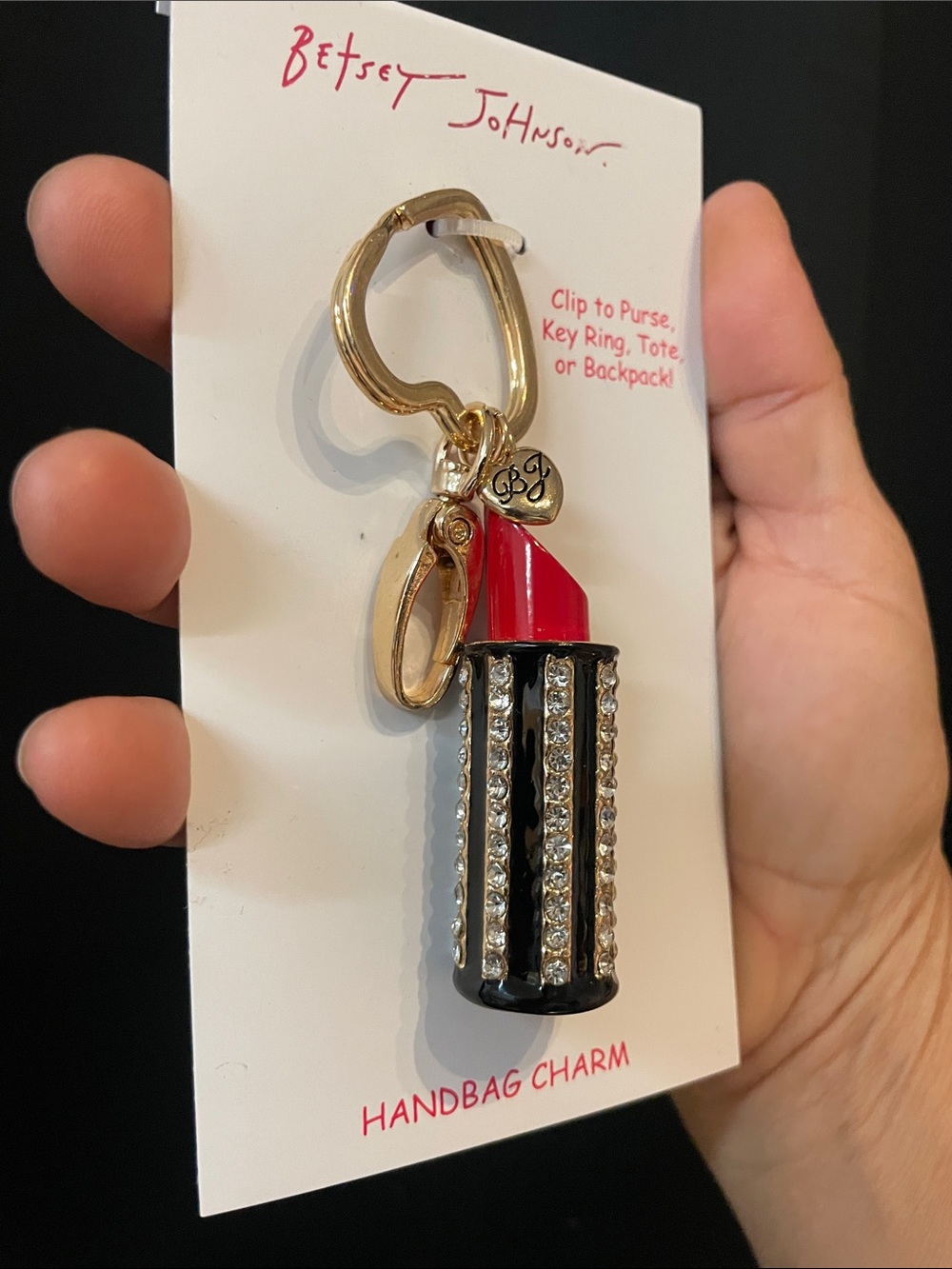 Betsey Johnson Black & Red Lipstick Charm Keychain with Crystal Stripes - Picture 3 of 8